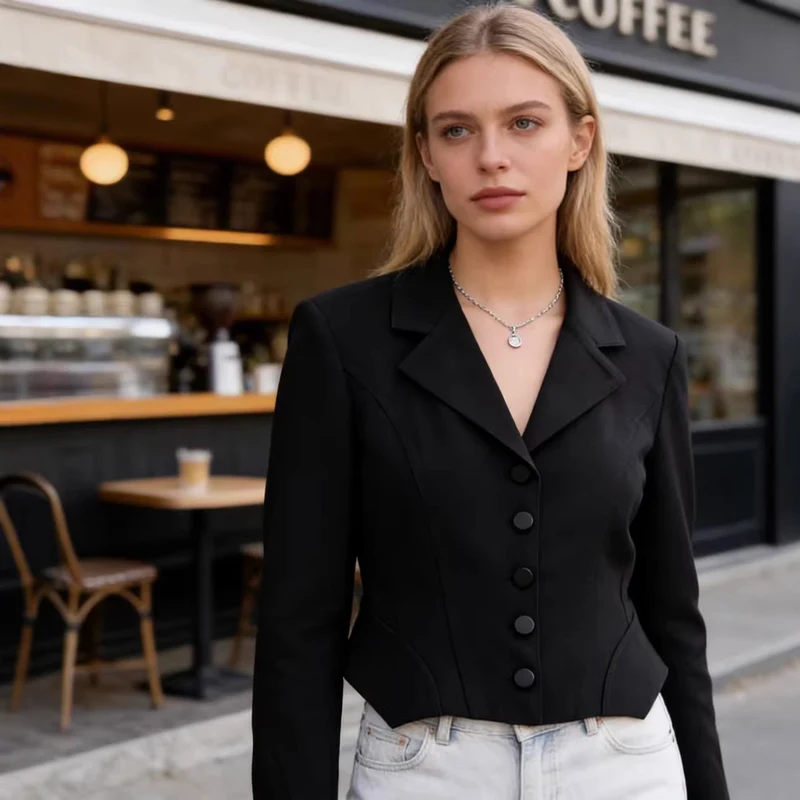 Damen Taillierter Cropped-Blazer mit Wiener Nähten und matt bezogenen Knöpfen Nord Taschen