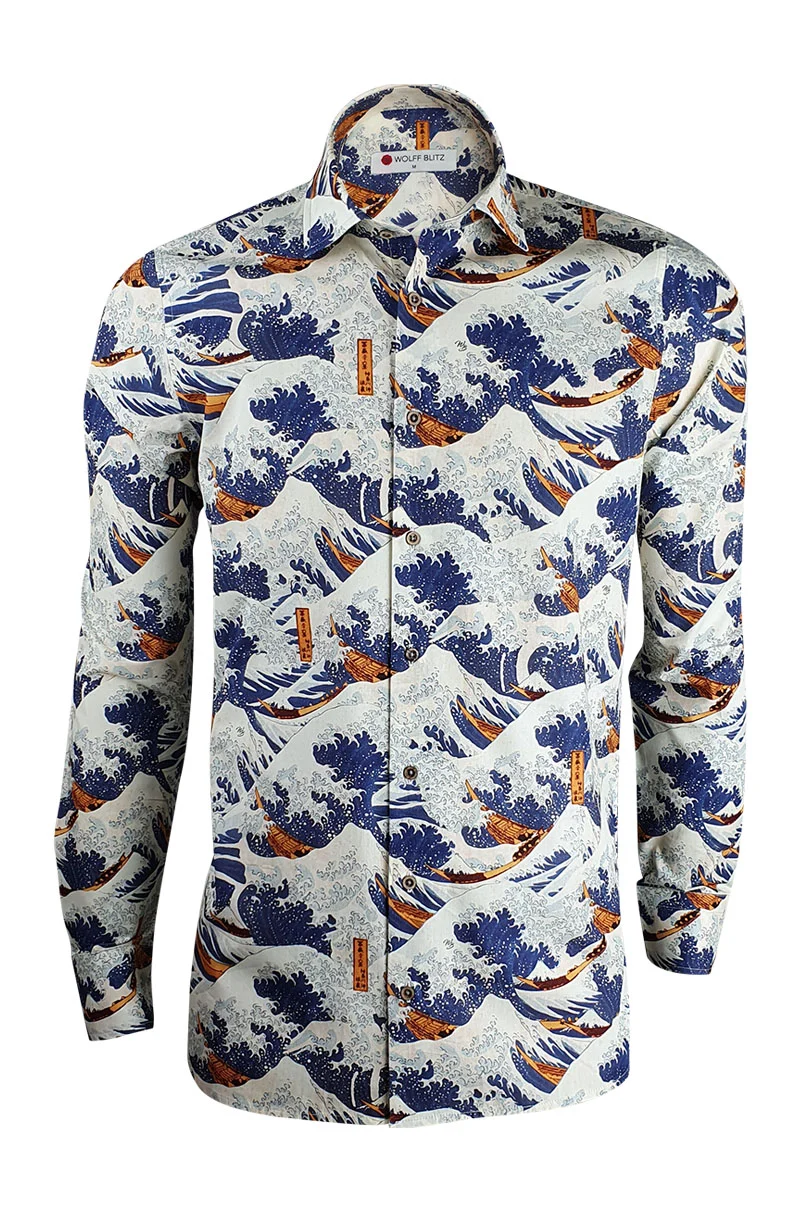 Kanagawa Wave Printed Long Sleeve Men's Shirt