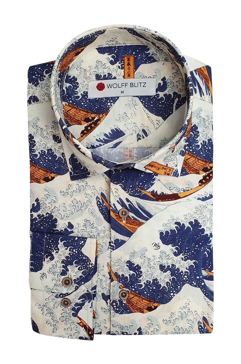 Kanagawa Wave Printed Long Sleeve Men's Shirt