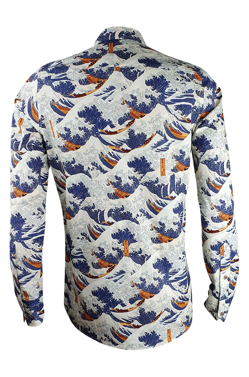 Kanagawa Wave Printed Long Sleeve Men's Shirt