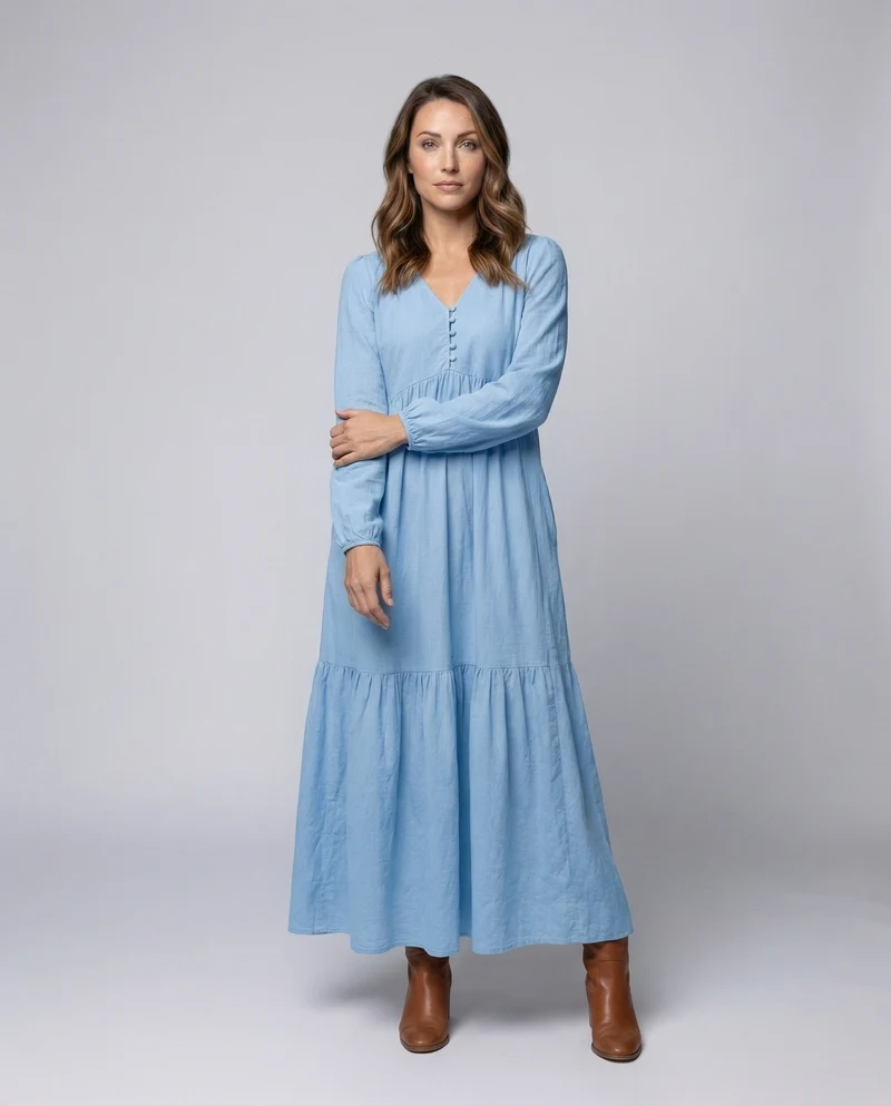 Damen Leinen-Maxi-Kleid Volantstufe Beinschlitz - Arvani