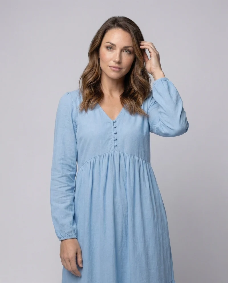 Damen Leinen-Maxi-Kleid Volantstufe Beinschlitz - Arvani