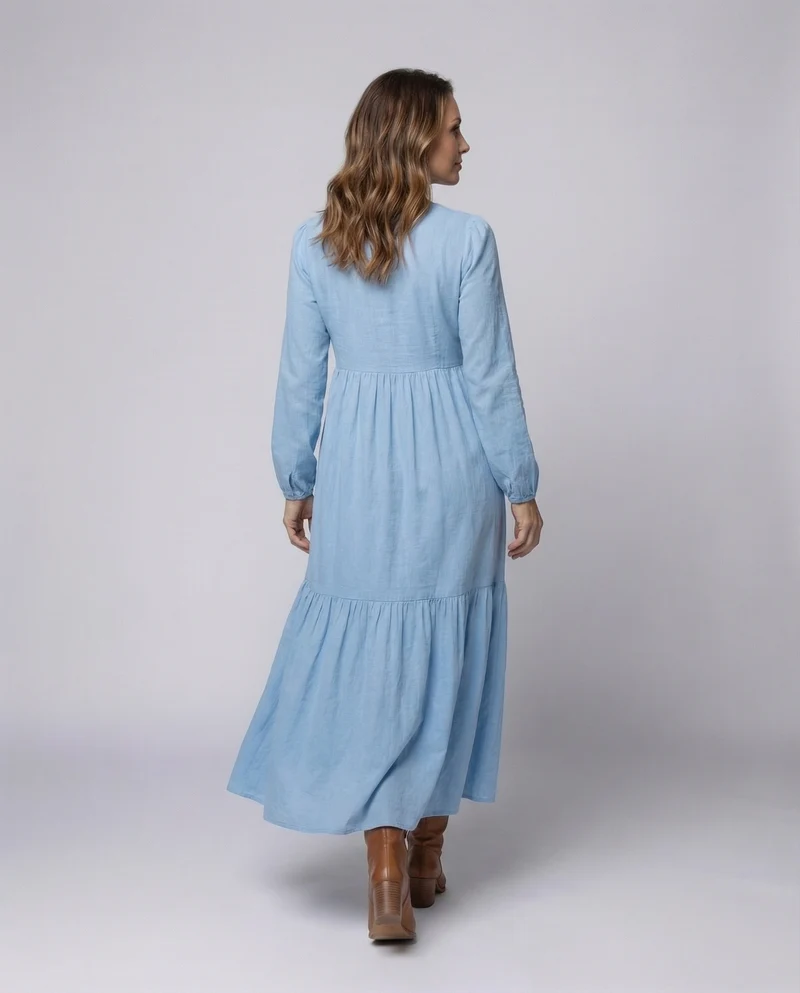 Damen Leinen-Maxi-Kleid Volantstufe Beinschlitz - Arvani