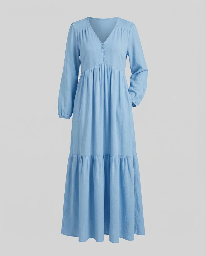 Damen Leinen-Maxi-Kleid Volantstufe Beinschlitz - Arvani