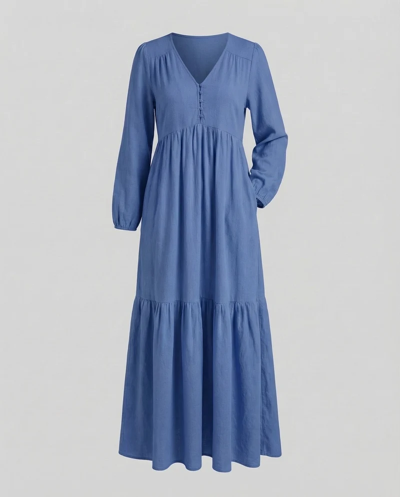 Damen Leinen-Maxi-Kleid Volantstufe Beinschlitz - Arvani
