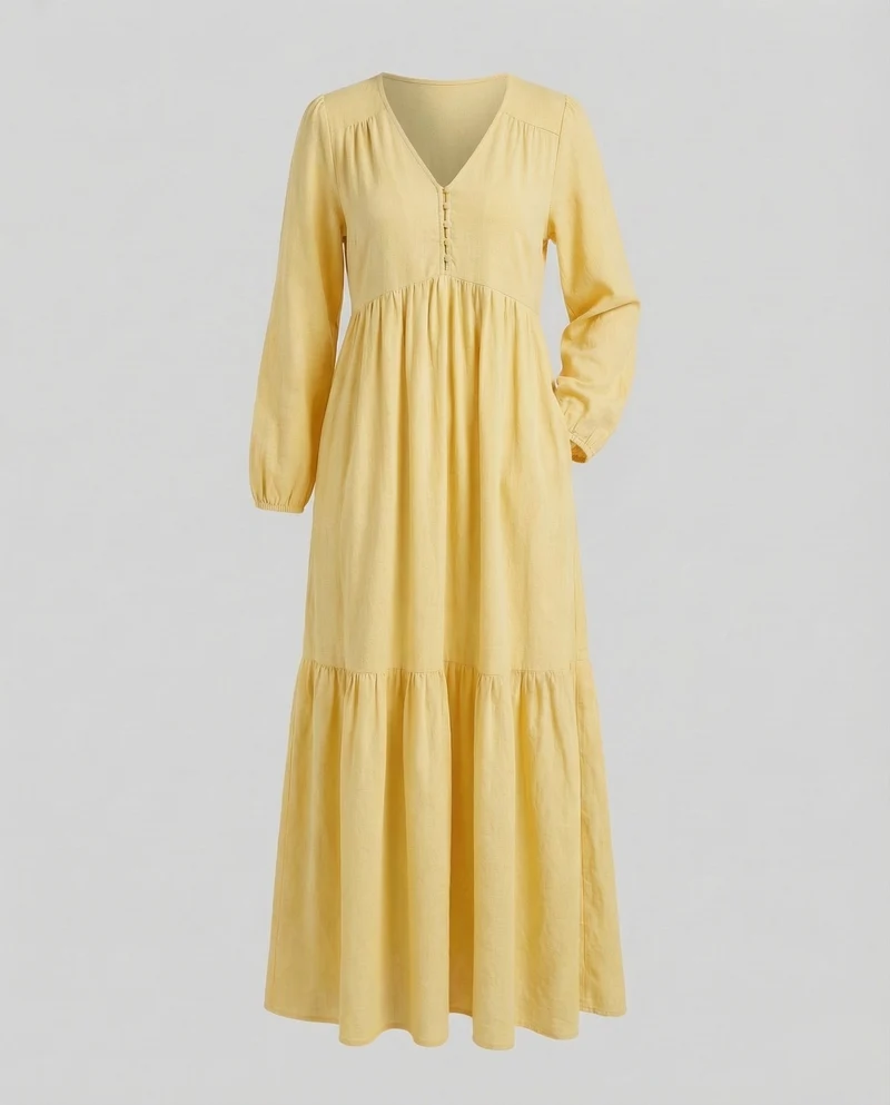 Damen Leinen-Maxi-Kleid Volantstufe Beinschlitz - Arvani
