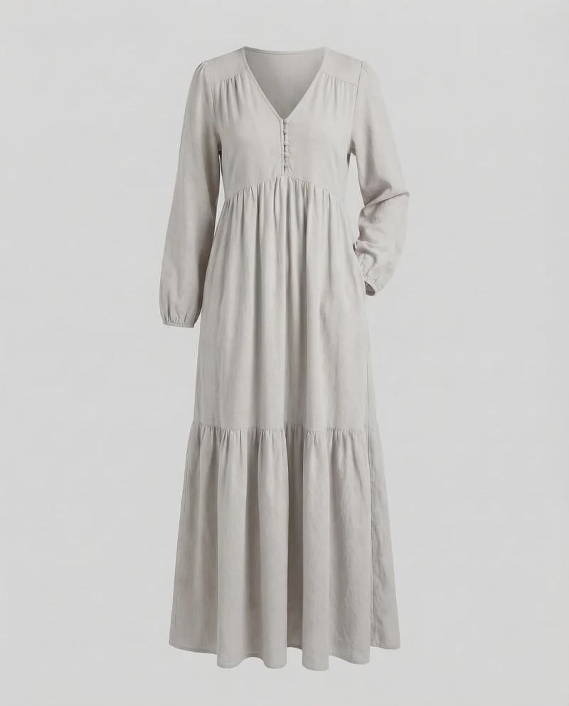 Damen Leinen-Maxi-Kleid Volantstufe Beinschlitz - Arvani