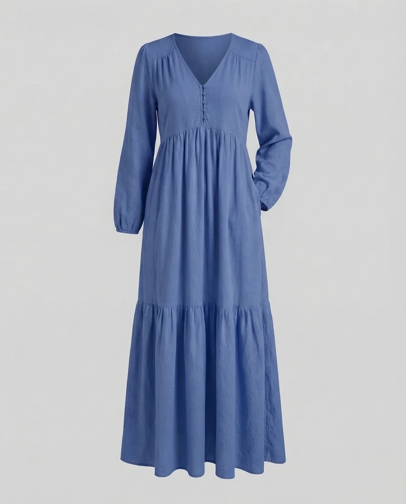 Damen Leinen-Maxi-Kleid Volantstufe Beinschlitz - Arvani