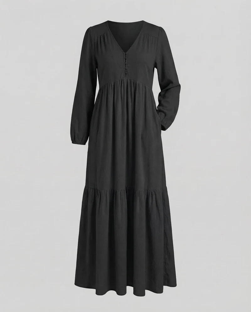 Damen Leinen-Maxi-Kleid Volantstufe Beinschlitz - Arvani