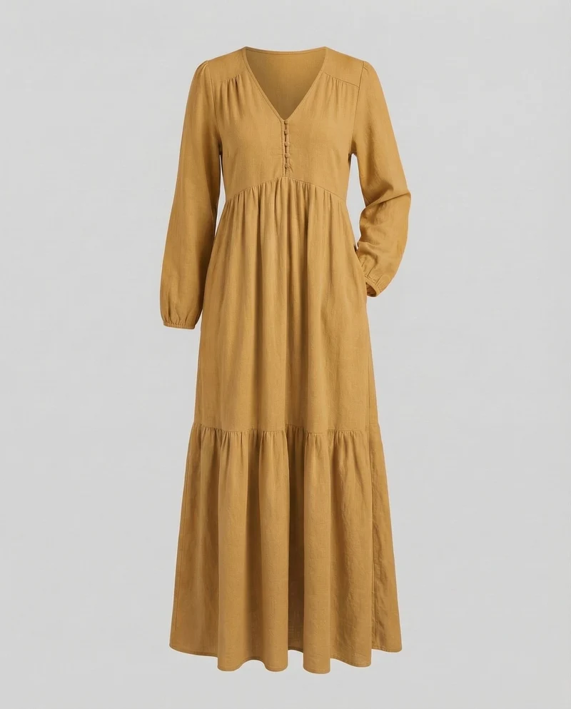 Damen Leinen-Maxi-Kleid Volantstufe Beinschlitz - Arvani
