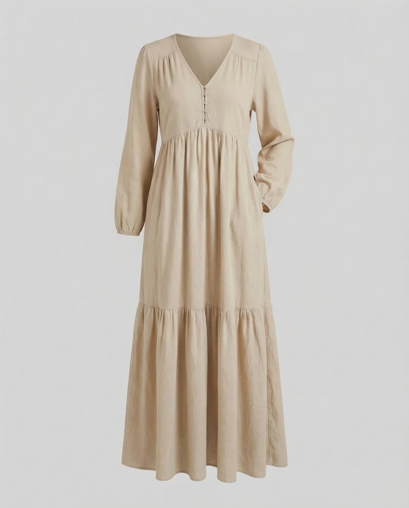 Damen Leinen-Maxi-Kleid Volantstufe Beinschlitz - Arvani