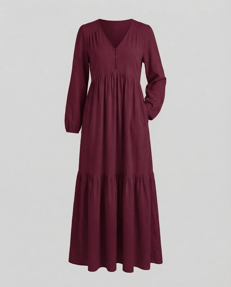Damen Leinen-Maxi-Kleid Volantstufe Beinschlitz - Arvani