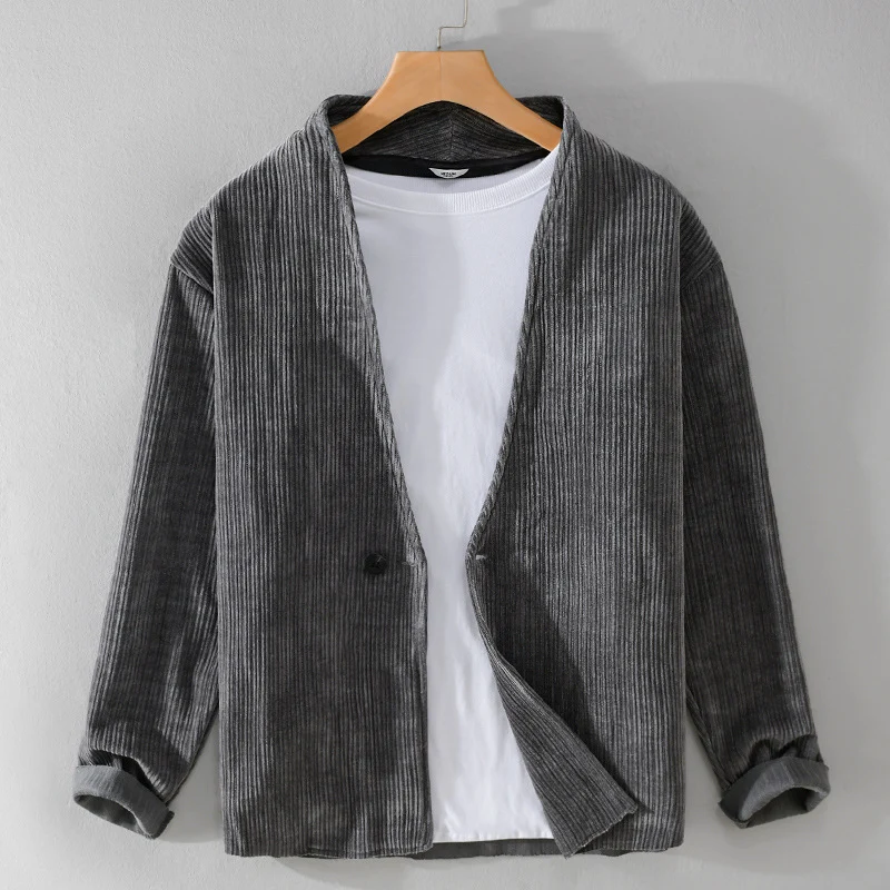Herren Cord-Overshirt-Sakko mit V-Ausschnitt und Ein-Knopfverschluss Nord Taschen