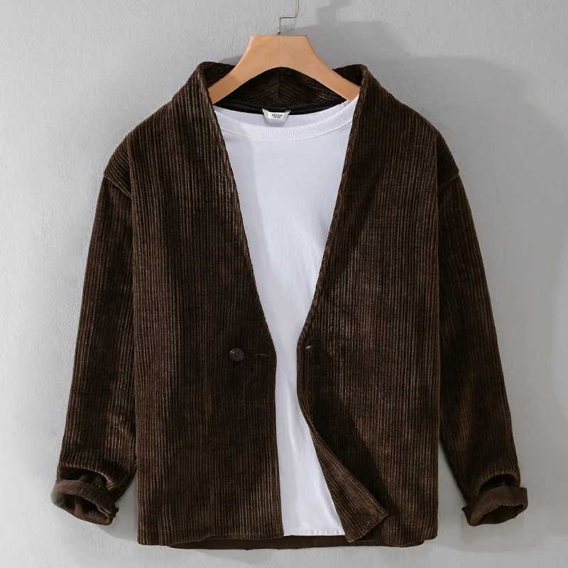 Herren Cord-Overshirt-Sakko mit V-Ausschnitt und Ein-Knopfverschluss Nord Taschen