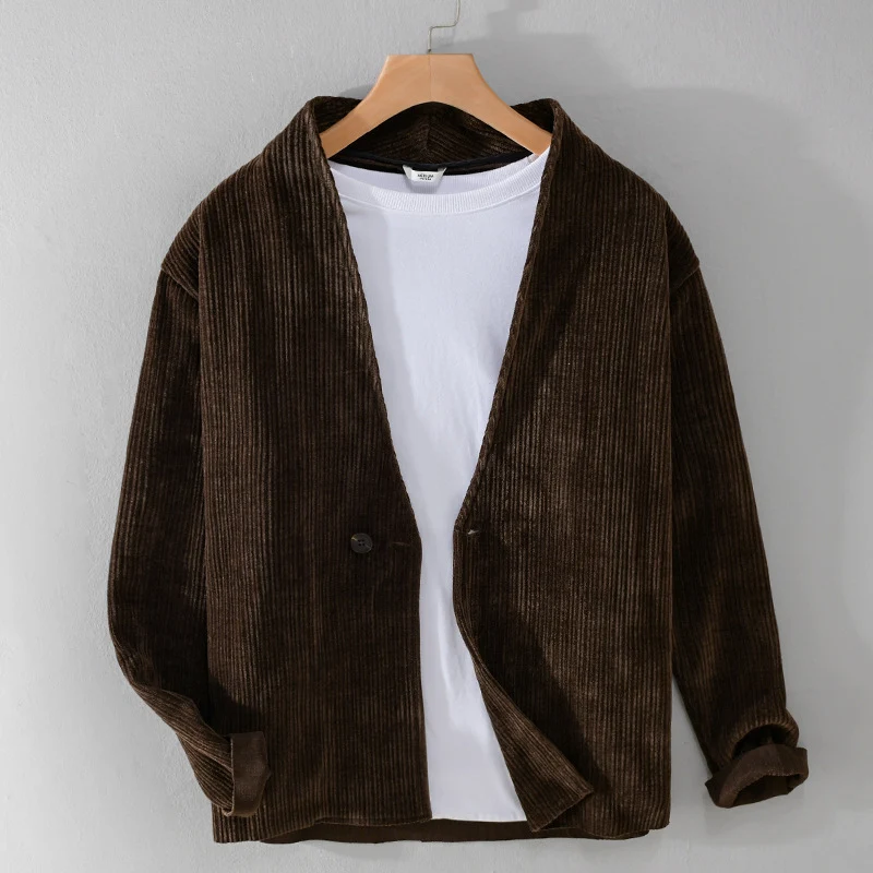 Herren Cord-Overshirt-Sakko mit V-Ausschnitt und Ein-Knopfverschluss Nord Taschen