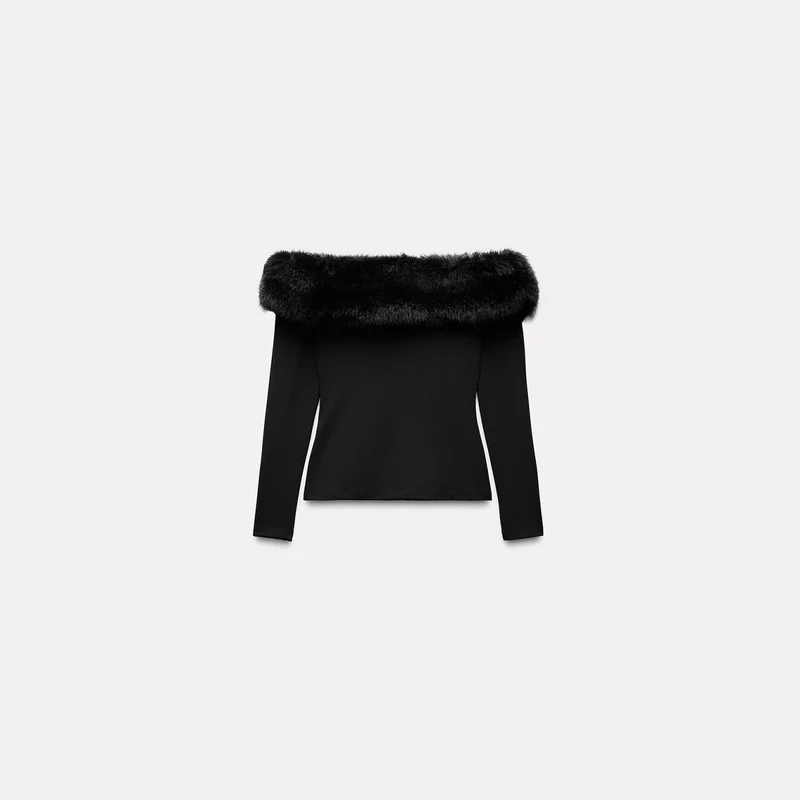 Damen Schulterfreier Langarmpullover mit weitem Faux‑Fur‑Schalkragen Nord Taschen