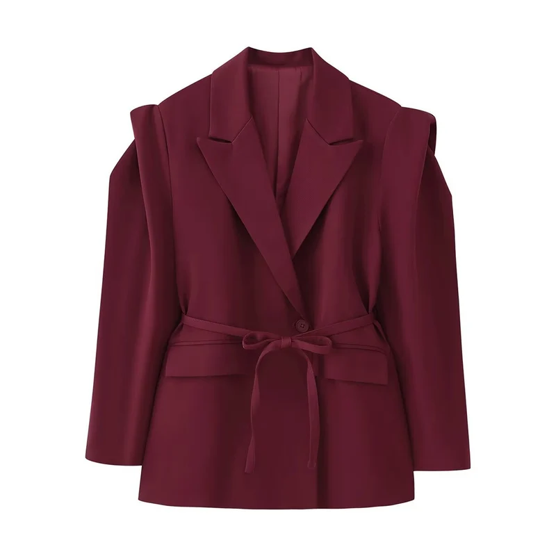 Damen Schulterfreier Blazer mit Taillengürtel und Pattentaschen Nord Taschen