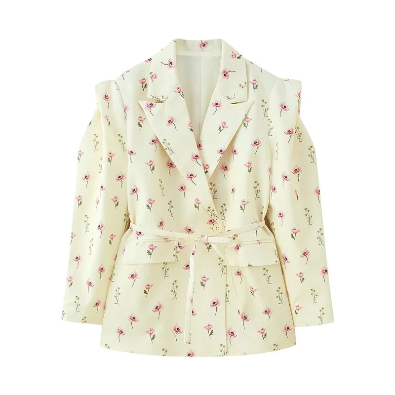 Damen Schulterfreier Blazer mit Taillengürtel und Pattentaschen Nord Taschen