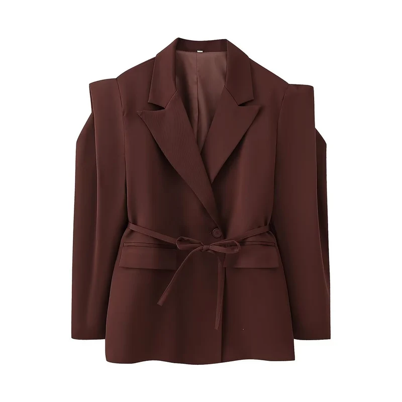 Damen Schulterfreier Blazer mit Taillengürtel und Pattentaschen Nord Taschen