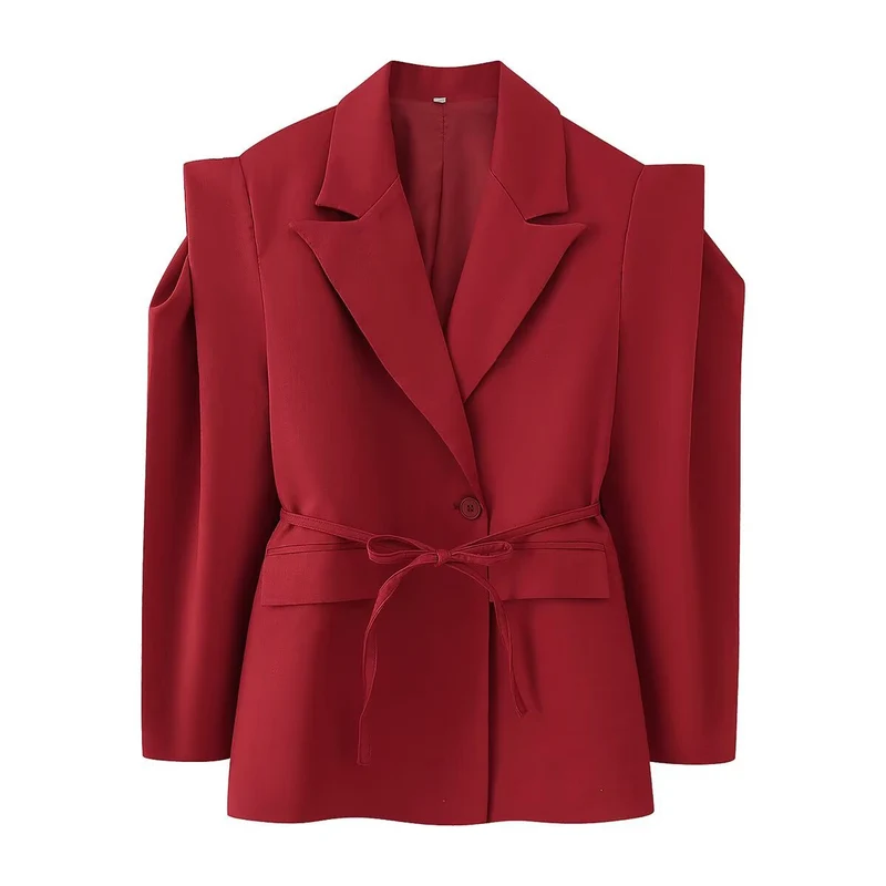 Damen Schulterfreier Blazer mit Taillengürtel und Pattentaschen Nord Taschen