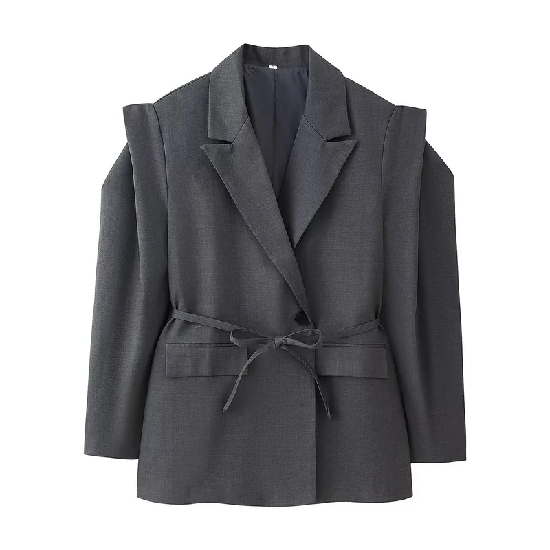 Damen Schulterfreier Blazer mit Taillengürtel und Pattentaschen Nord Taschen