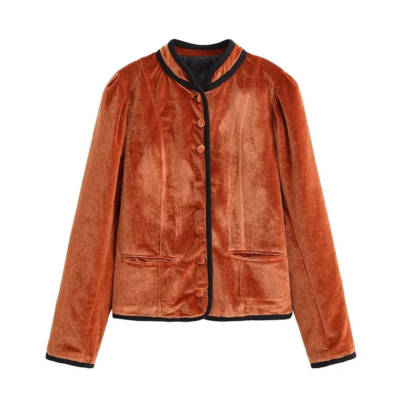 Damen Samtjacke mit Stehkragen, kontrastreicher Paspelierung und Knopfverschluss Nord Taschen