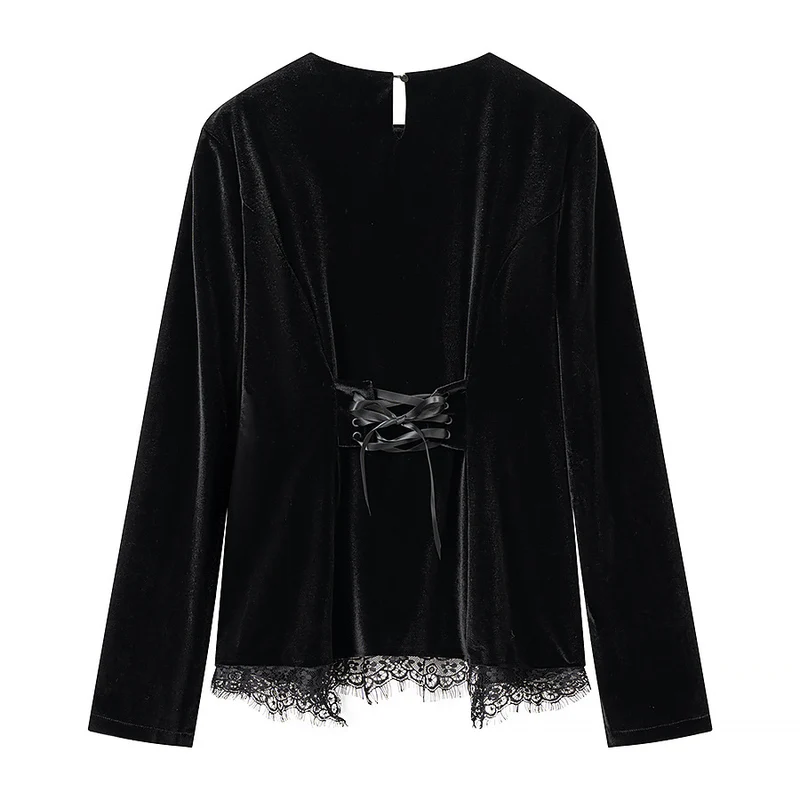 Damen Samt-Langarmshirt mit Spitzenbesatz und gewölbtem Saum Nord Taschen