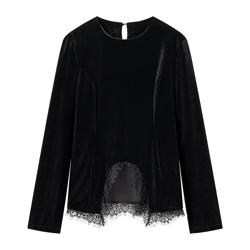 Damen Samt-Langarmshirt mit Spitzenbesatz und gewölbtem Saum Nord Taschen