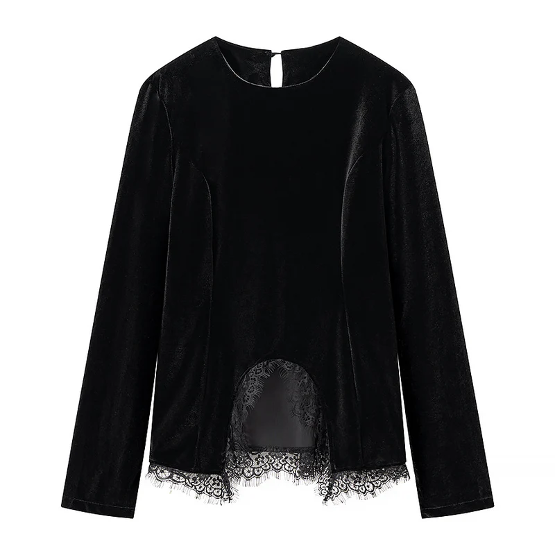 Damen Samt-Langarmshirt mit Spitzenbesatz und gewölbtem Saum Nord Taschen