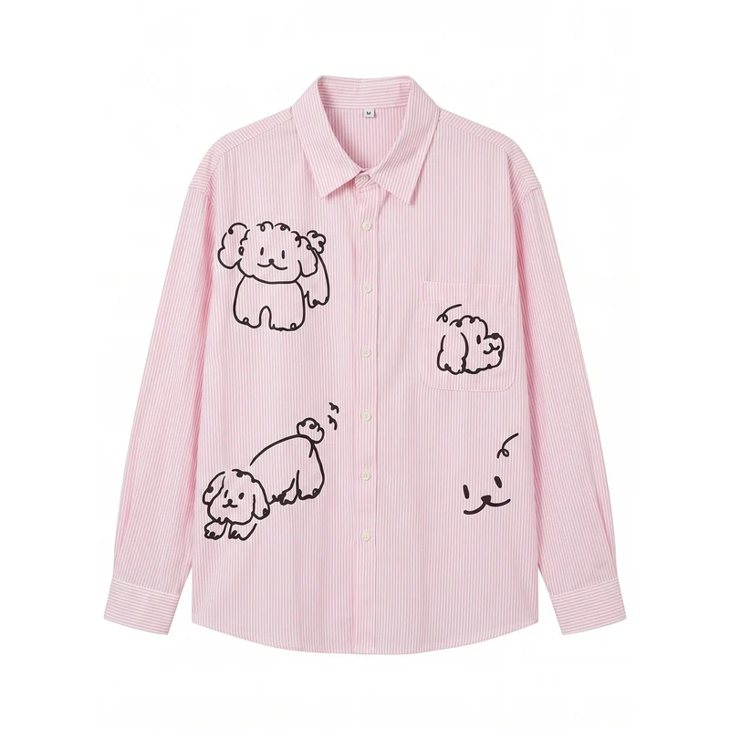 Damen Gestreifte Oversize-Hemdbluse mit Hundedoodle-Prints und Brusttasche Nord Taschen