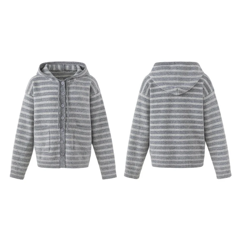 Damen Gestreifte Strickjacke mit Kapuze, durchgehender Knopfleiste und aufgesetzten Taschen Nord Taschen