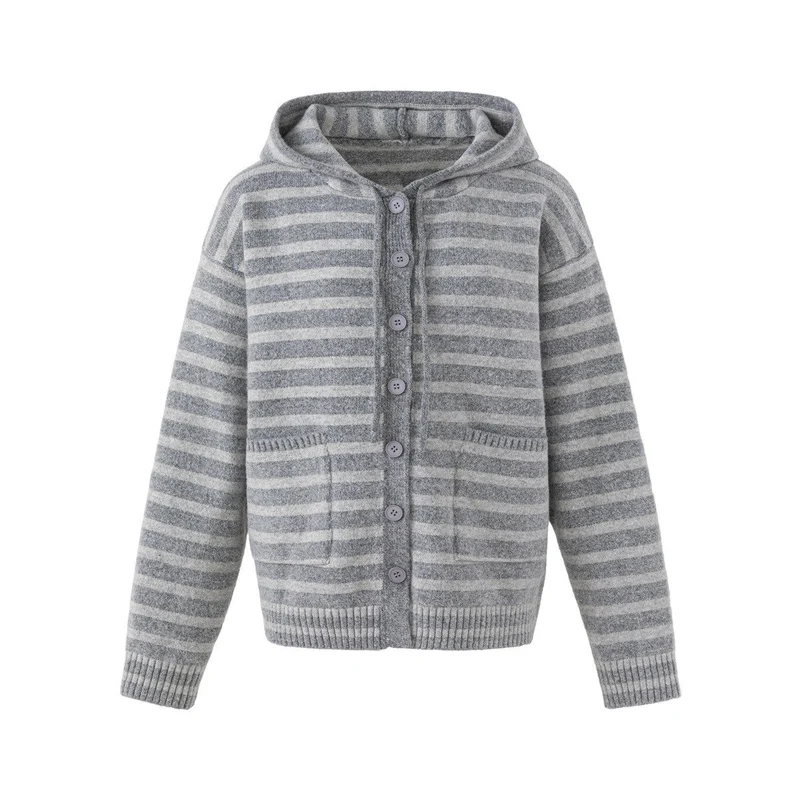 Damen Gestreifte Strickjacke mit Kapuze, durchgehender Knopfleiste und aufgesetzten Taschen Nord Taschen