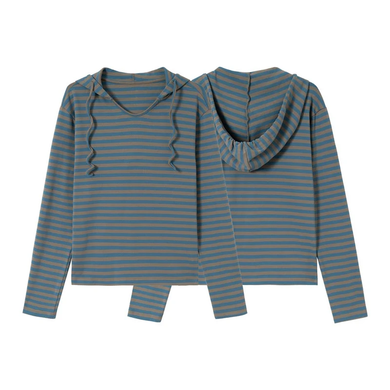 Damen Gestreiftes Langarm-Hoodie-Shirt mit V‑Ausschnitt und Kapuzenband Nord Taschen