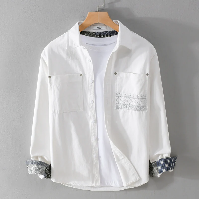 Herren Baumwoll-Overshirt mit Kontrastfutter, Brusttaschen und feiner Stickerei Nord Taschen