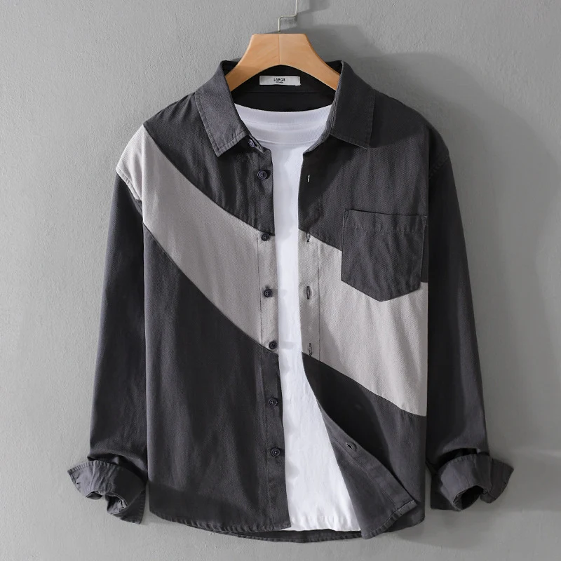 Herren Baumwoll-Overshirt mit diagonalem Colorblock, Kentkragen und Brusttasche Nord Taschen