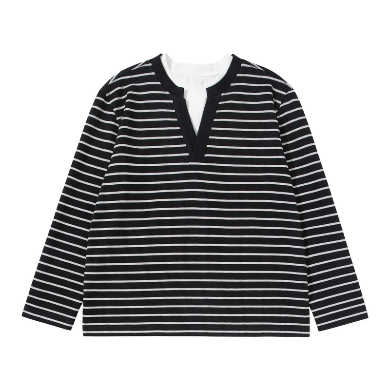 Damen Gestreiftes Strickshirt mit V-Ausschnitt und Lagenlook Nord Taschen