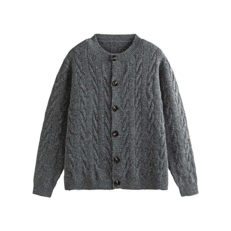 Damen Grobgestrickte Cardiganjacke mit Zopfstrick und Knopfleiste Nord Taschen