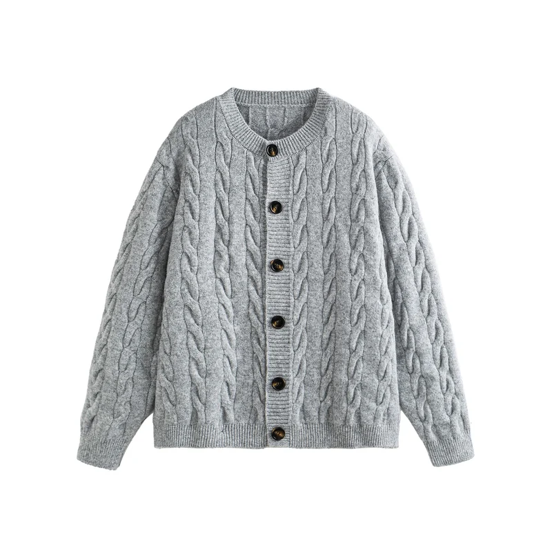 Damen Grobgestrickte Cardiganjacke mit Zopfstrick und Knopfleiste Nord Taschen