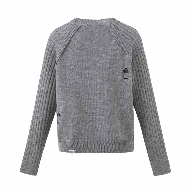 Damen Grobgestrickter Distressed Raglanpullover mit Retro-Grafikprint Nord Taschen