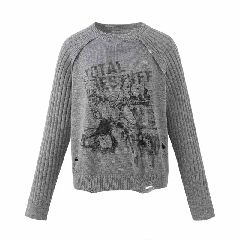 Damen Grobgestrickter Distressed Raglanpullover mit Retro-Grafikprint Nord Taschen