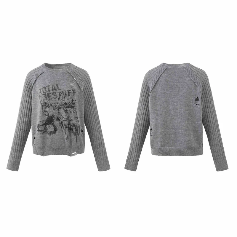 Damen Grobgestrickter Distressed Raglanpullover mit Retro-Grafikprint Nord Taschen