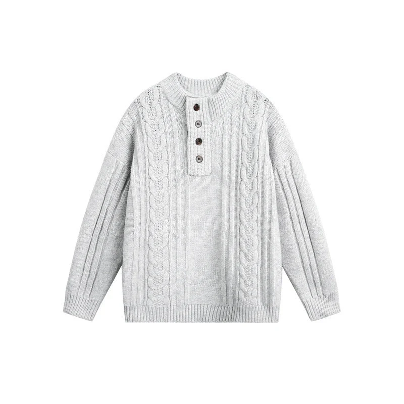 Damen Grobgestrickter Zopf‑Strickpullover mit Henley‑Knopfleiste und Stehkragen Nord Taschen