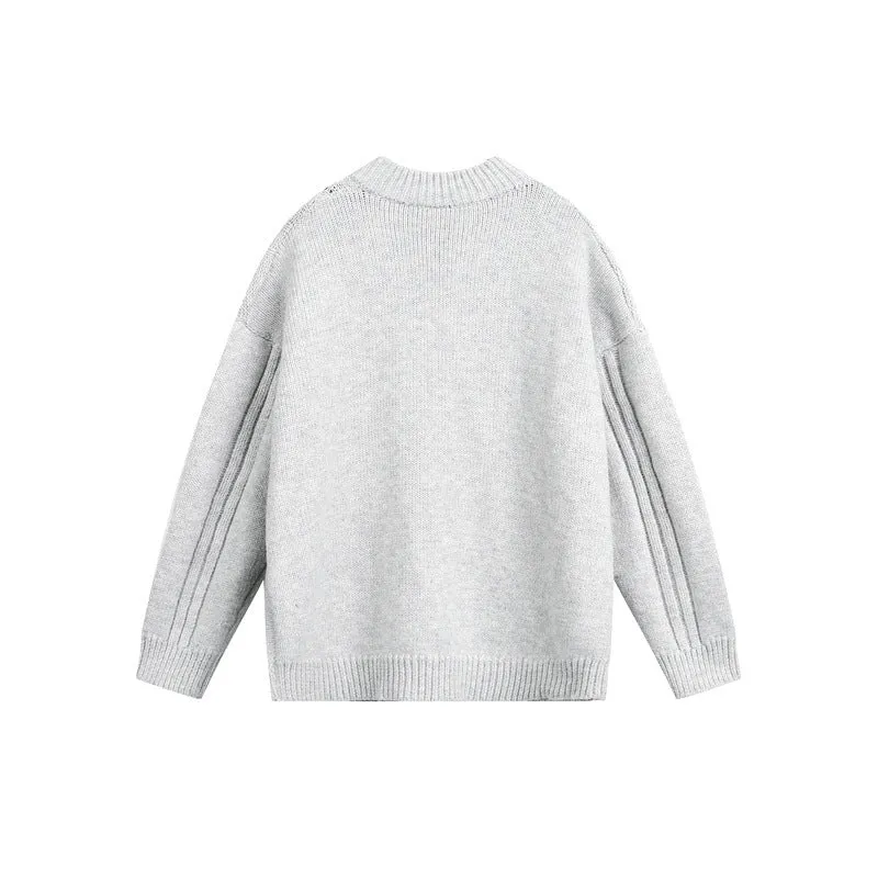 Damen Grobgestrickter Zopf‑Strickpullover mit Henley‑Knopfleiste und Stehkragen Nord Taschen