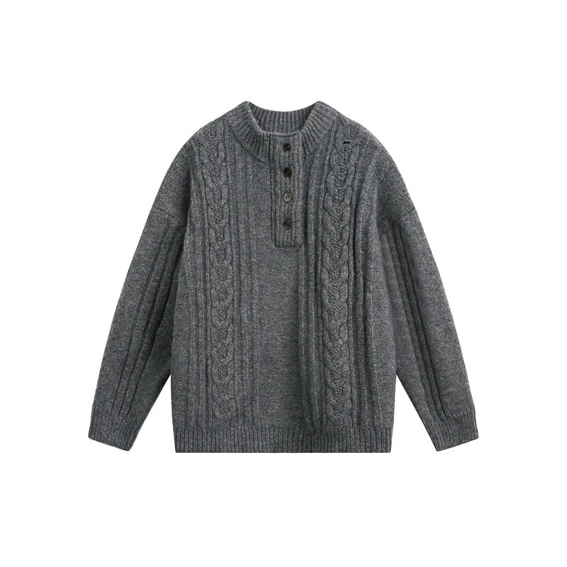 Damen Grobgestrickter Zopf‑Strickpullover mit Henley‑Knopfleiste und Stehkragen Nord Taschen