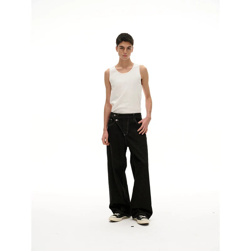 Damen High‑Waist weite Denim‑Hose mit asymmetrischer Knopfleiste und Kontrastnähten Nord Taschen
