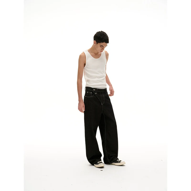 Damen High‑Waist weite Denim‑Hose mit asymmetrischer Knopfleiste und Kontrastnähten Nord Taschen