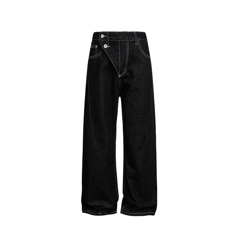 Damen High‑Waist weite Denim‑Hose mit asymmetrischer Knopfleiste und Kontrastnähten Nord Taschen