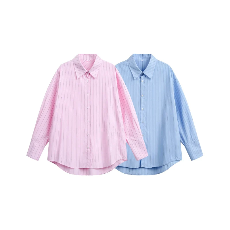 Damen Oversize-Hemdbluse mit feiner Nadelstreifenstruktur und abgerundetem Saum Nord Taschen