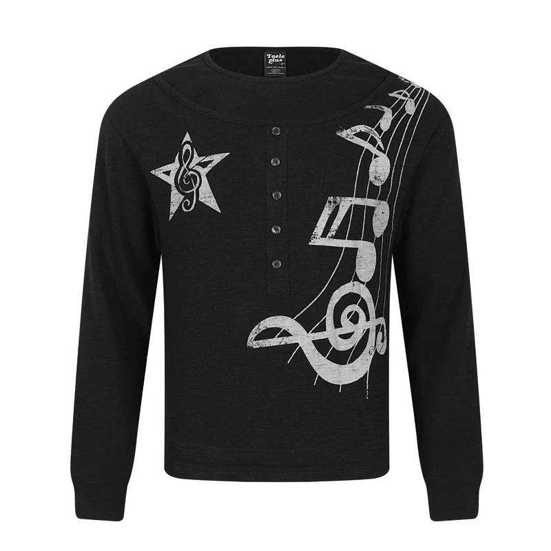 Damen Langarmshirt im Henley-Style mit musikalischem Print und Rundhalsausschnitt Nord Taschen