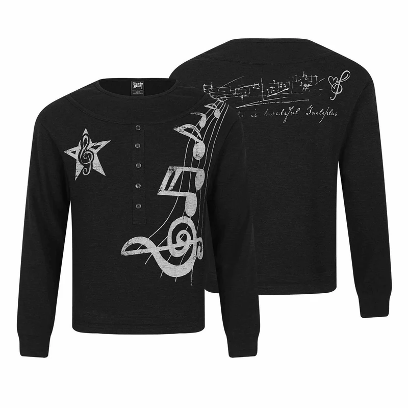 Damen Langarmshirt im Henley-Style mit musikalischem Print und Rundhalsausschnitt Nord Taschen